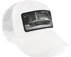 American Muscle Car In The Street Velvet White A-Frame Trucker - Calza Pennello