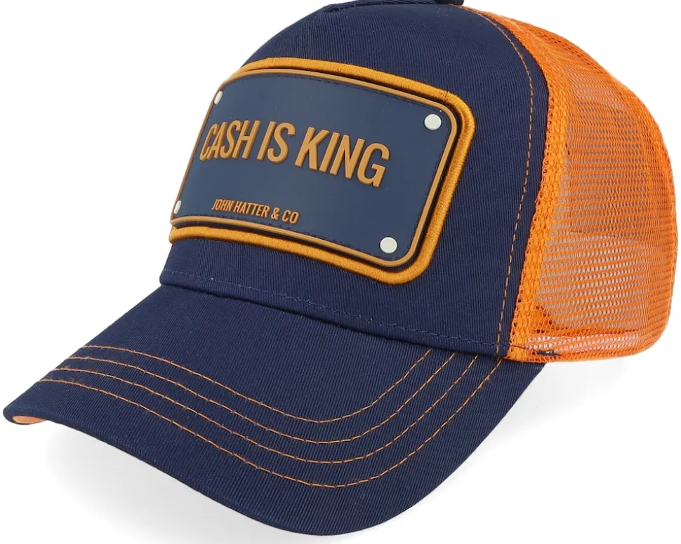 Cash Is King Dark Blue/Orange A-Frame Trucker - John Hatter & Co