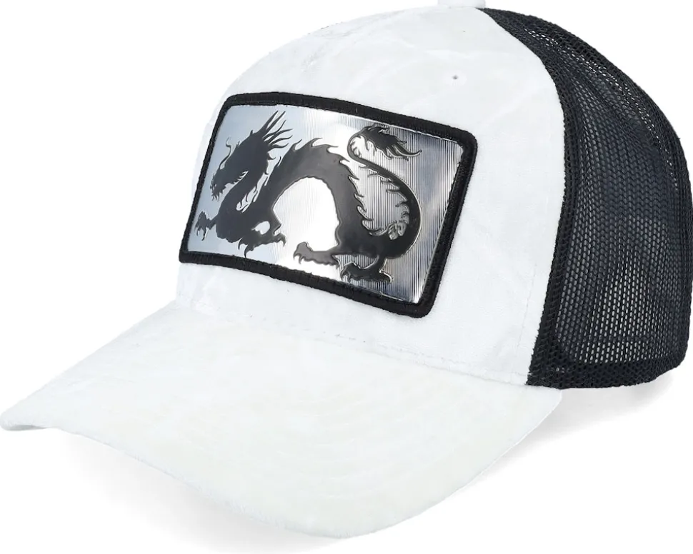 Chinese Dragon Silver Patch Velvet White/Black Trucker - Calza Pennello