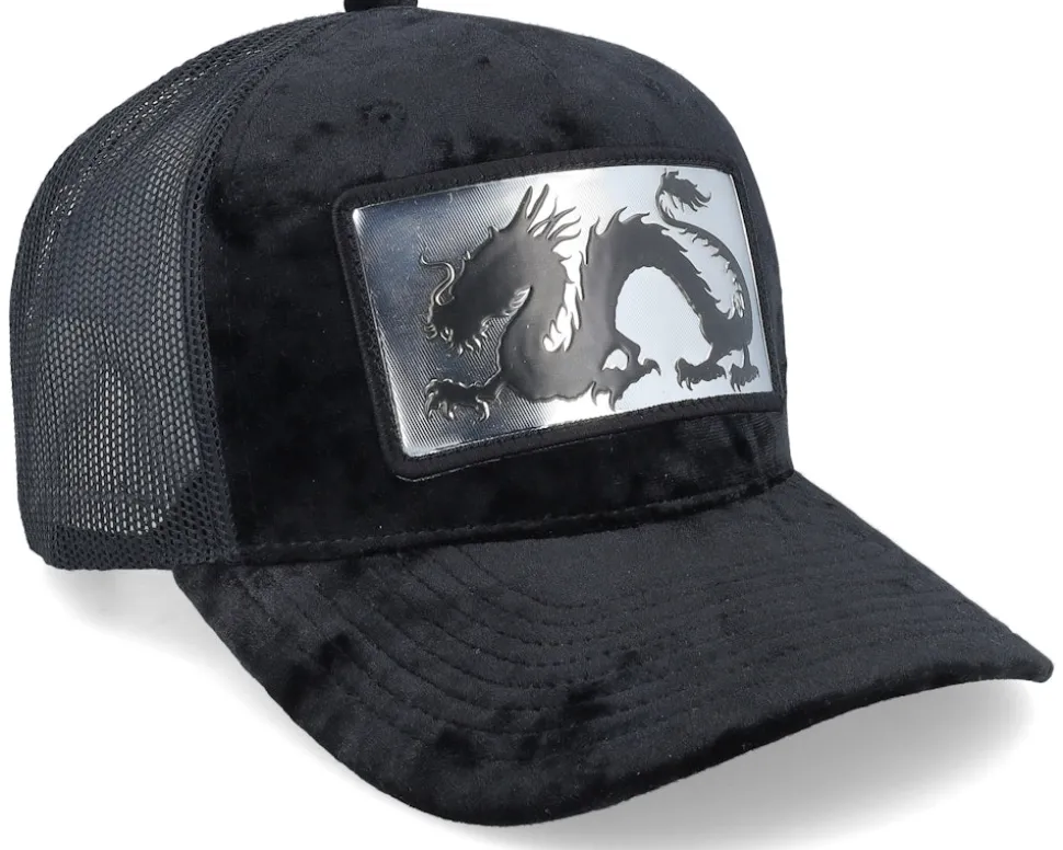 Chinese Dragon Silver Patch Velvet Black A-Frame Trucker - Calza Pennello