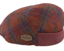 Daffy 3 Virgin Wool/Silk Rust Check Flat Cap - MJM Hats