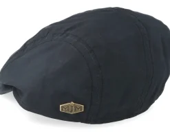 Daffy-3 Wax Cotton W-P Black Flat Cap - MJM Hats