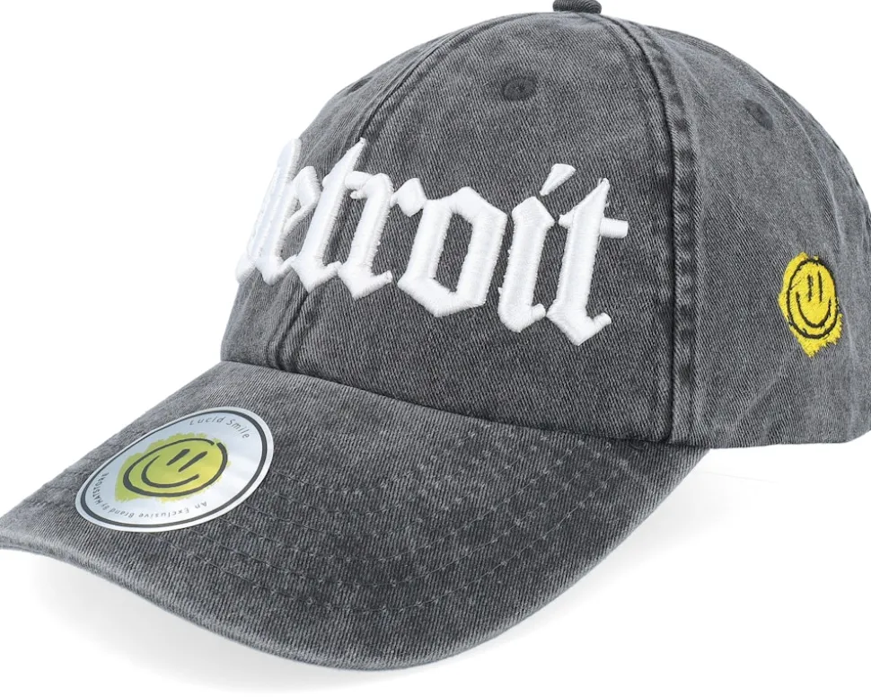 Detroit 3d Script Washed Black Dad Cap - Lucid Smile