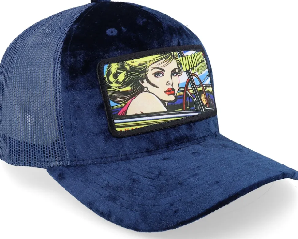 Girl Driving Pop Art Velvet Navy A-Frame Trucker - Calza Pennello