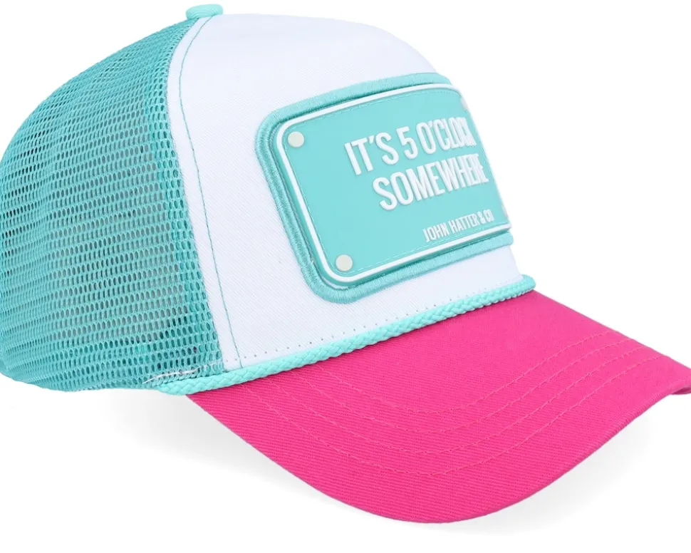 It's 5 O'Clock Somewhere Rubber White/Blue/Pink Rope A-Frame Trucker - John Hatter & Co