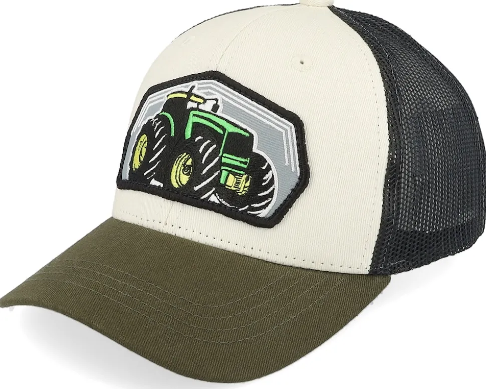 Kids Big Tractor Grey Patch Ivory/Black/Dark Mesh Trucker - Kiddo Cap