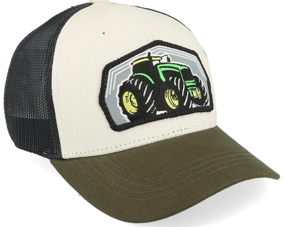 Kids Big Tractor Grey Patch Ivory/Black/Dark Mesh Trucker - Kiddo Cap