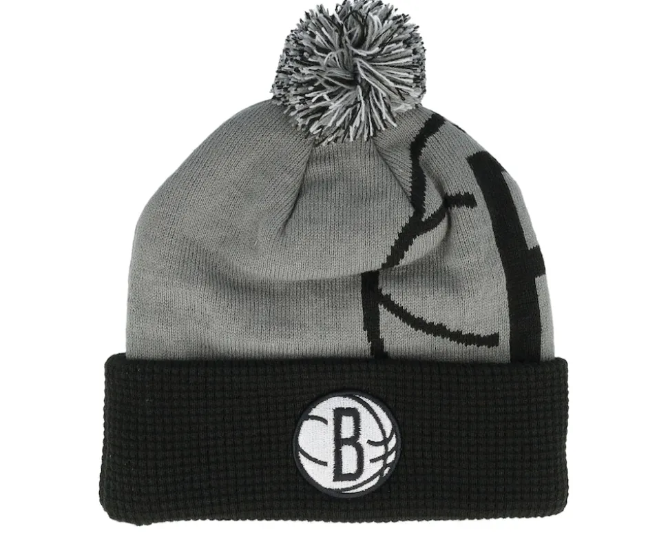 Kids Brooklyn Nets NBA Street Hoop Beanie Grey/Black Pom - Outerstuff