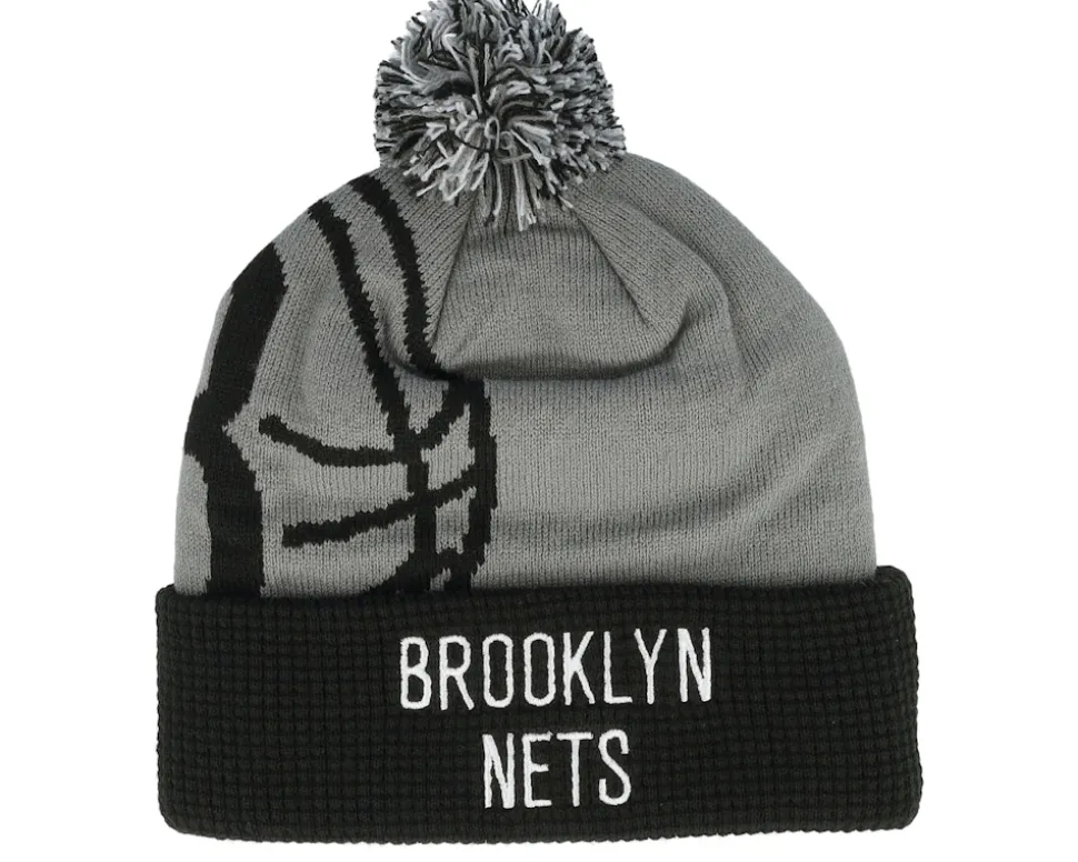 Kids Brooklyn Nets NBA Street Hoop Beanie Grey/Black Pom - Outerstuff
