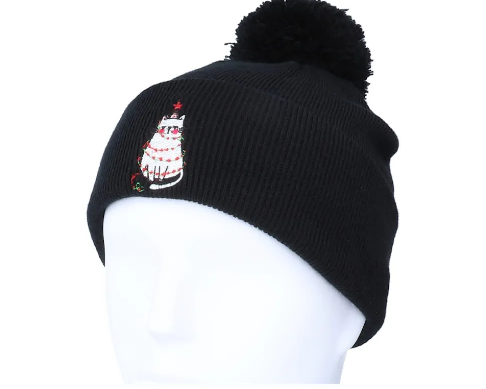 Kids Christmas Tree Cat Black Pom Pom Beanie - Iconic