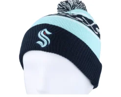 Kids Seattle Kraken Face-off Cuff Beanie Navy/Light Blue Pom - Outerstuff