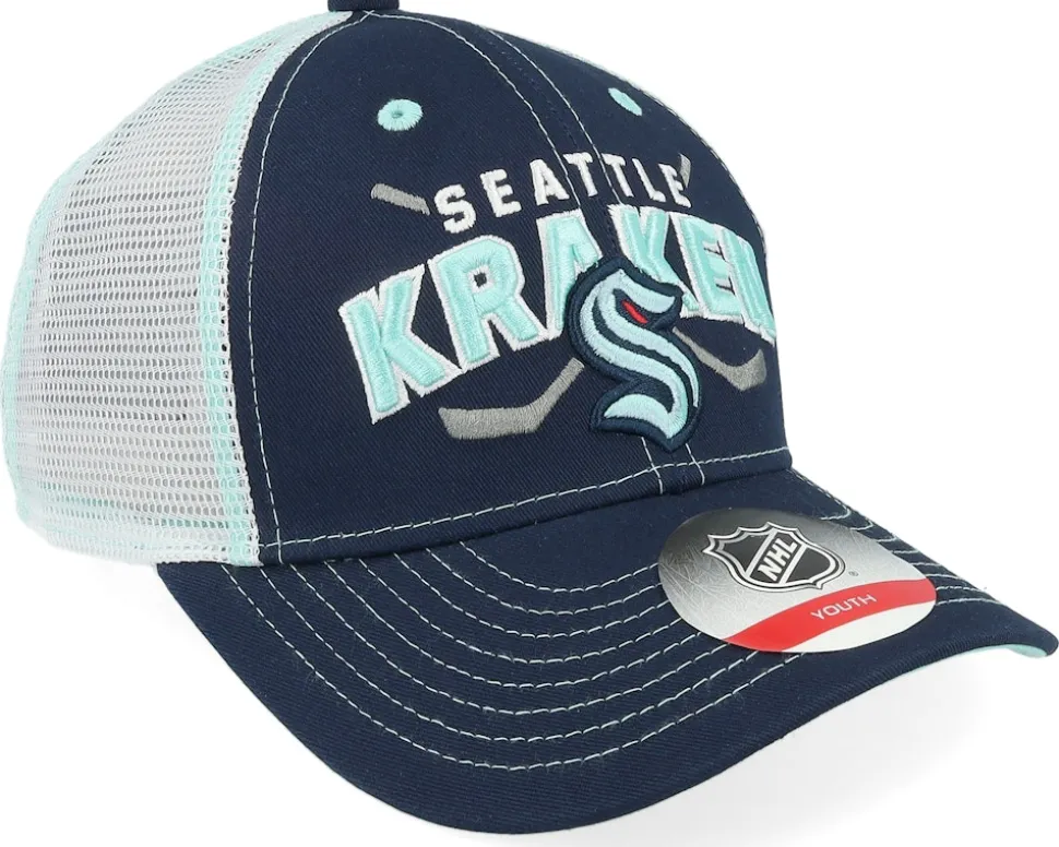 Kids Seattle Kraken Lockup Meshback Cap Navy/White Trucker - Outerstuff