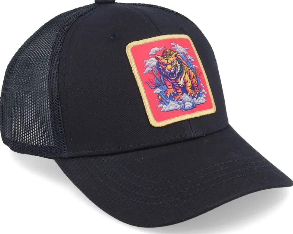 Kids Tiger On Clouds Patch Black Trucker - Kiddo Cap