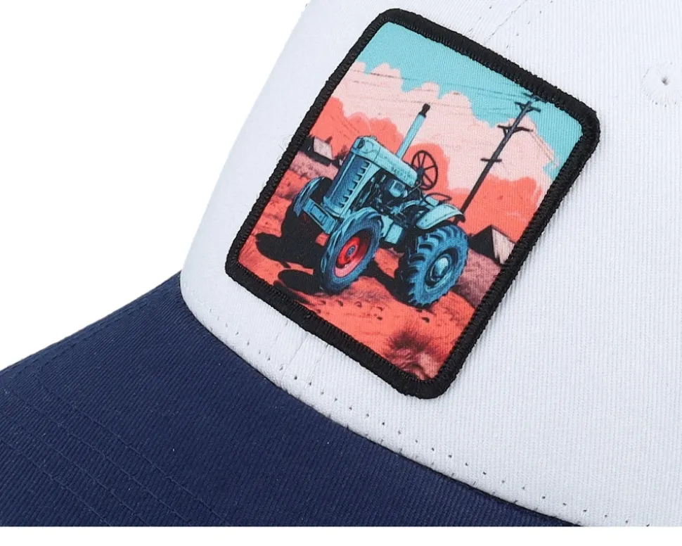 Kids Tractor And Clouds Patch White/Navy Trucker - Kiddo Cap