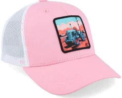 Kids Tractor And Clouds Patch Pink/White Trucker - Kiddo Cap