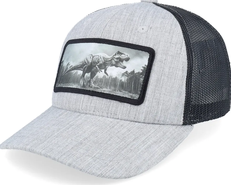 Kids T-rex Dino Heather Grey/Black Trucker - Kiddo Cap
