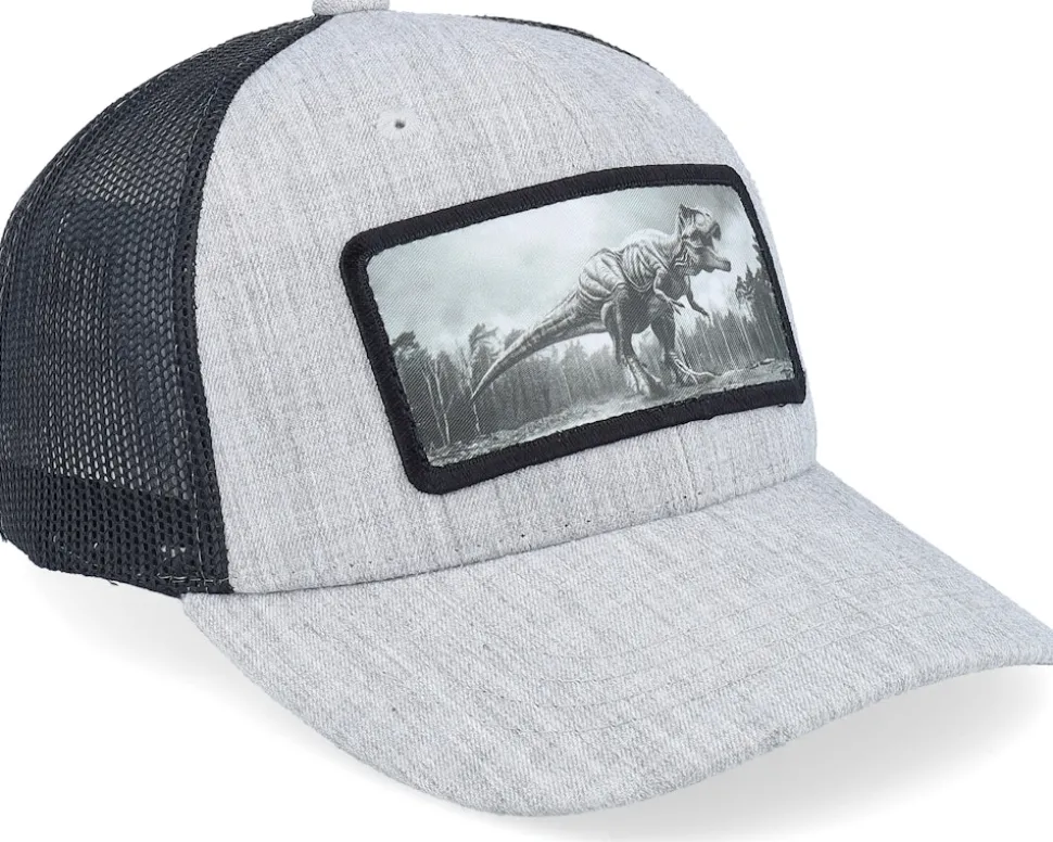 Kids T-rex Dino Heather Grey/Black Trucker - Kiddo Cap