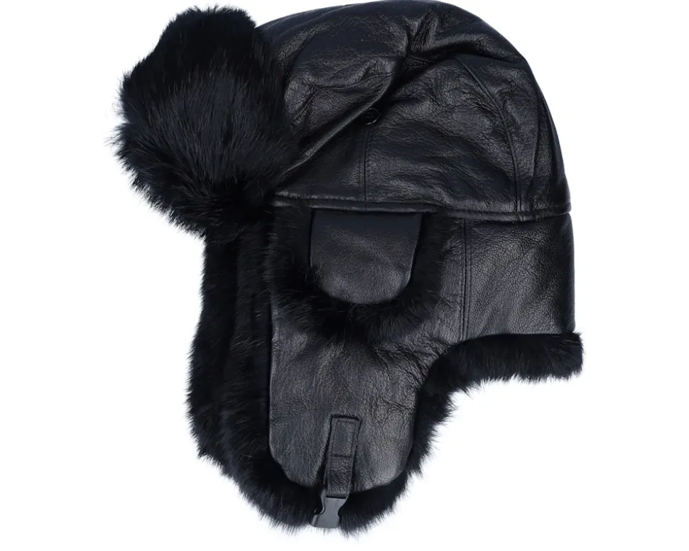 Leather Lue Rabbit Black/Black Trapper - MJM Hats
