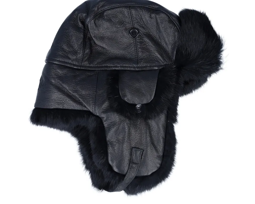 Leather Lue Rabbit Black/Black Trapper - MJM Hats
