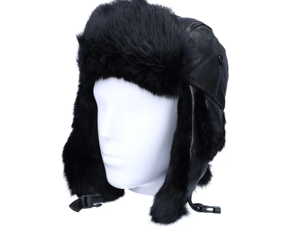 Leather Lue Rabbit Black/Black Trapper - MJM Hats