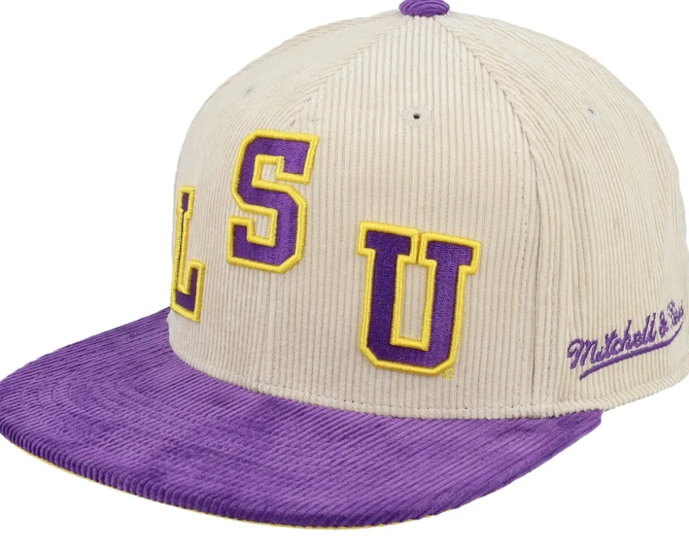 Louisiana State Tigers Team Cord Off White/Purple Fitted - Mitchell & Ness