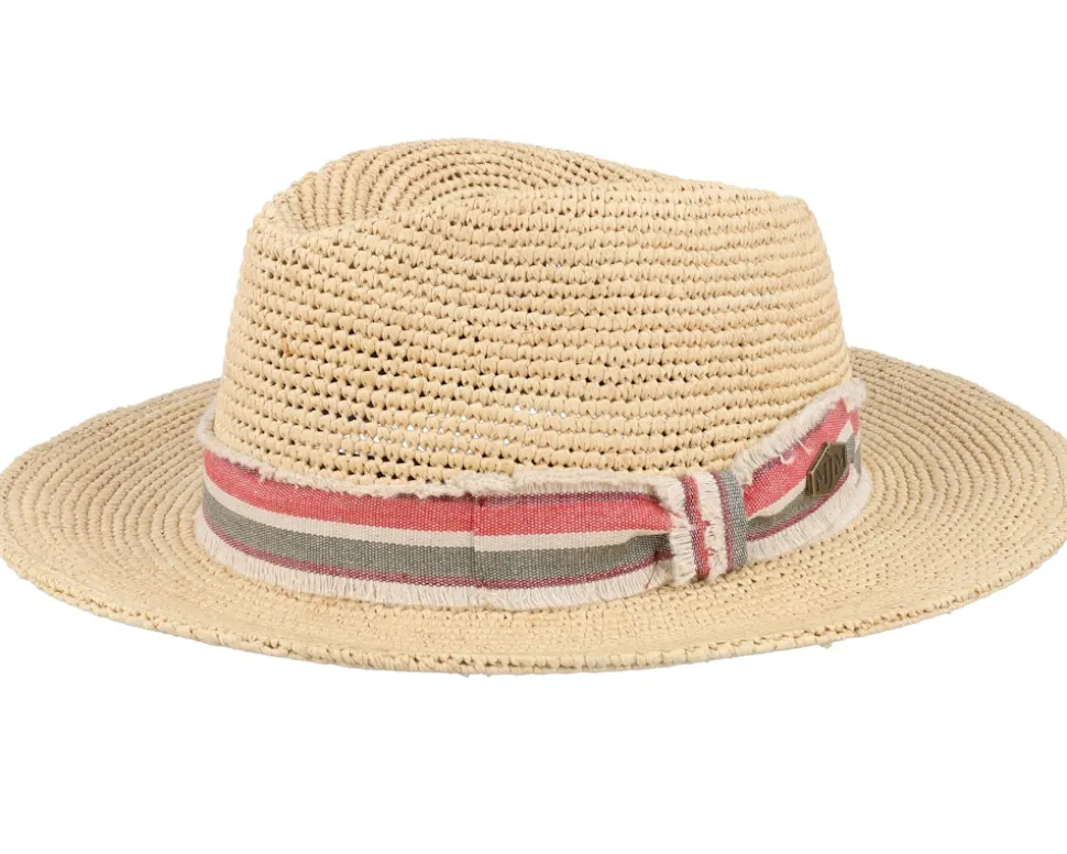 Mabel Crochet Raffia Natural Red Stripe Band Straw Hat - MJM Hats