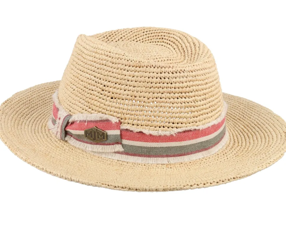 Mabel Crochet Raffia Natural Red Stripe Band Straw Hat - MJM Hats