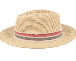 Mabel Crochet Raffia Natural Red Stripe Band Straw Hat - MJM Hats
