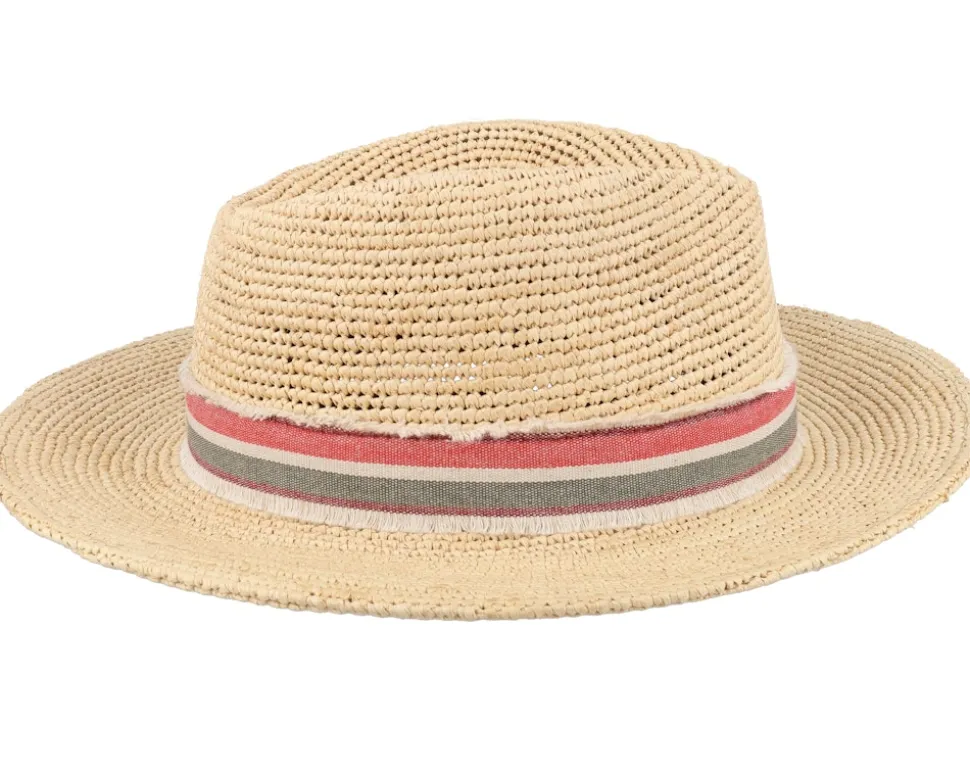 Mabel Crochet Raffia Natural Red Stripe Band Straw Hat - MJM Hats