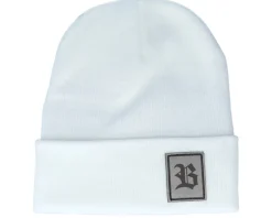 Old English B Patch White Beanie - Bearded Man