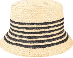 Raffia Cloche With Stripe Linen/Black Straw Hat - Seeberger