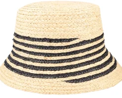 Raffia Cloche With Stripe Linen/Black Straw Hat - Seeberger