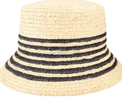 Raffia Cloche With Stripe Linen/Black Straw Hat - Seeberger