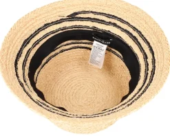 Raffia Cloche With Stripe Linen/Black Straw Hat - Seeberger