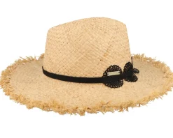 Raffia With Lace Trimmi Natural/Black Straw Fedora - Seeberger