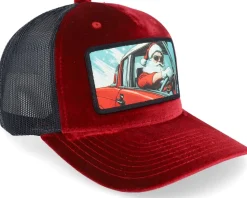 Santa Claus Going For A Ride Velvet Red/Black Trucker - Ho-Ho-Hats