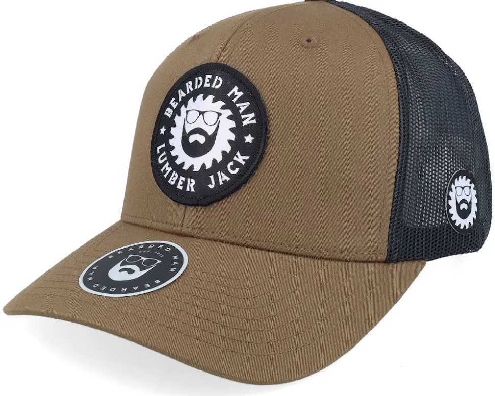 Saw Blade Logo Retro Coyote Brown/Black Trucker - Bearded Man