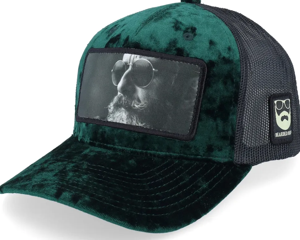 Shades And Beard Patch Velvet Green/Black A-Frame Trucker - Bearded Man