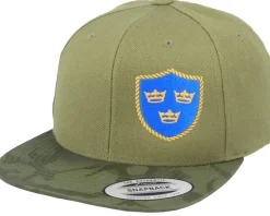 Tre Kronor Shield Side Panel Camo Olive Snapback - Army Head