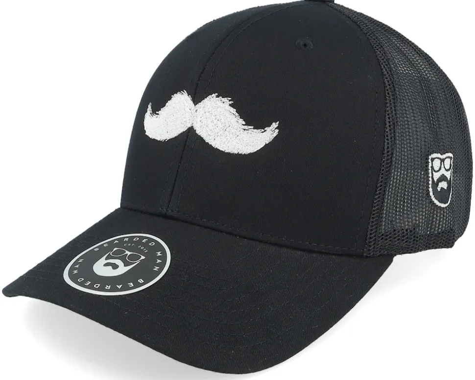 White Moustache Movember Black A-Frame Trucker - Bearded Man