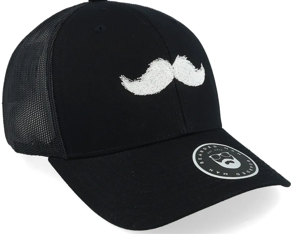 White Moustache Movember Black A-Frame Trucker - Bearded Man